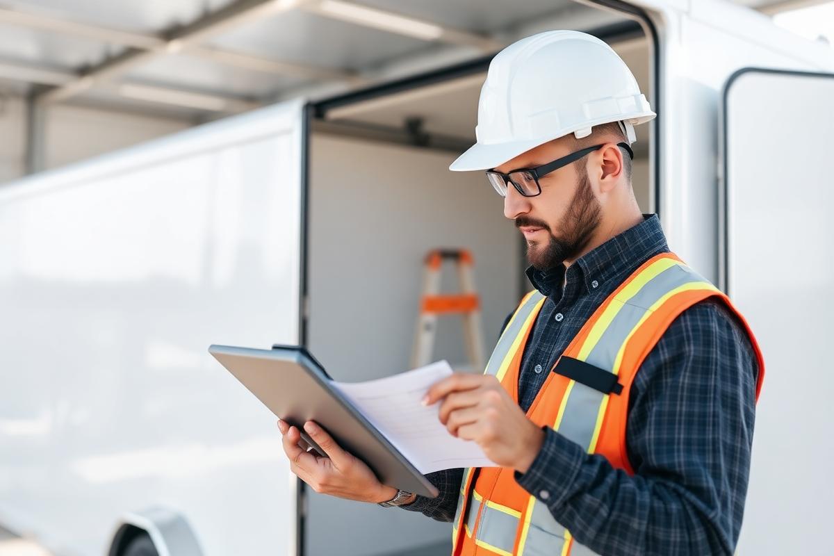 Contractor in a hard hat reviewing an estimate on a tablet at a job site
