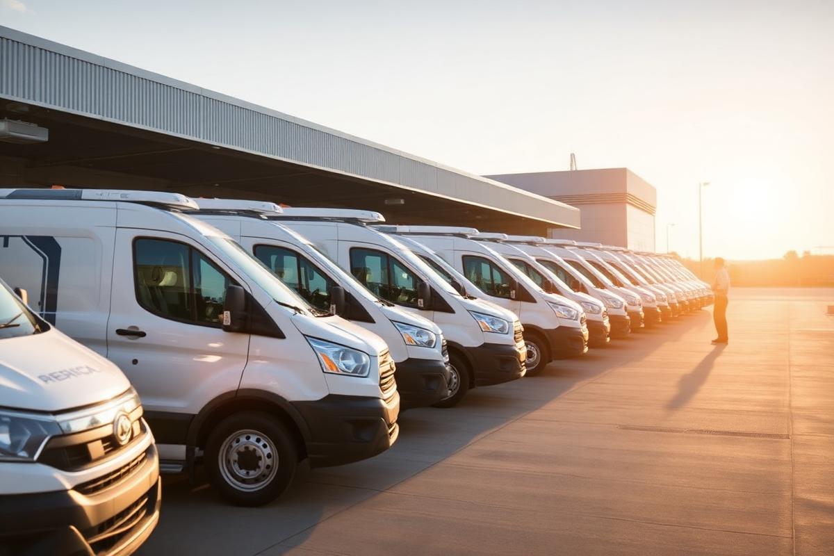 Row of white service vans parked at a depot in morning light