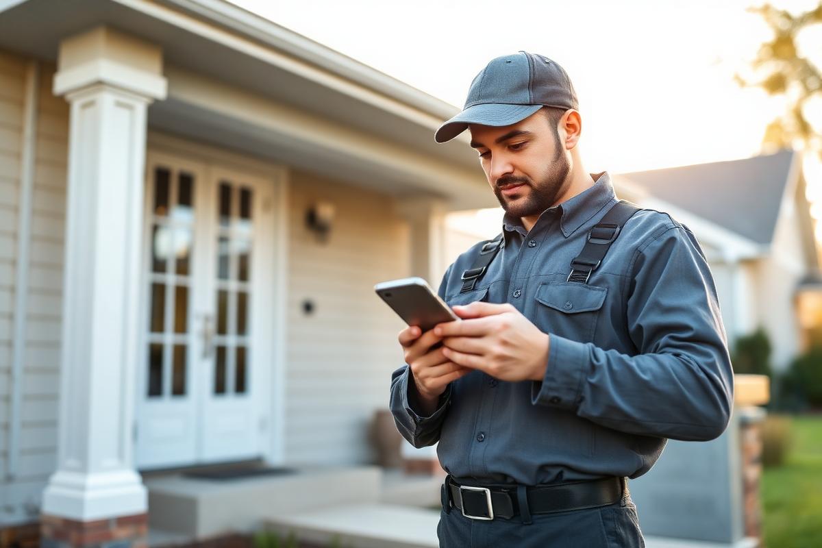 Home services technician checking a smartphone outside a customer's house