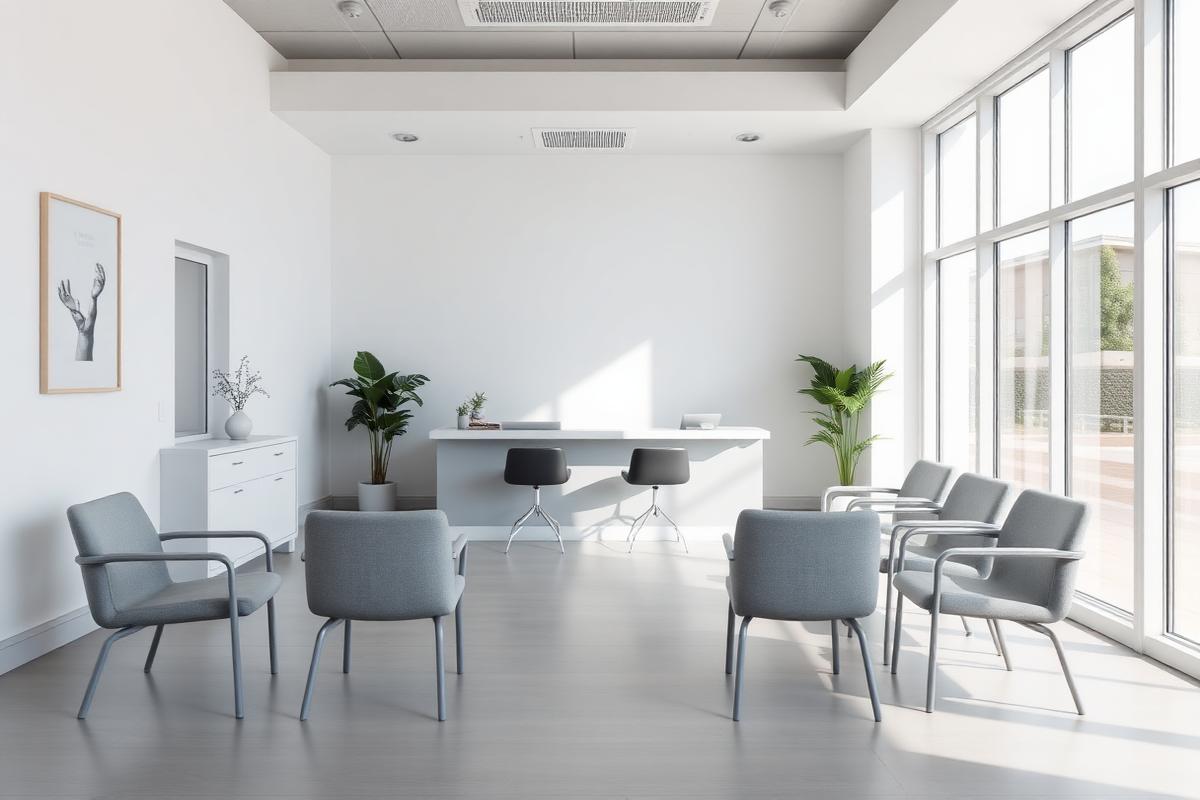 Bright modern clinic reception area with empty waiting chairs