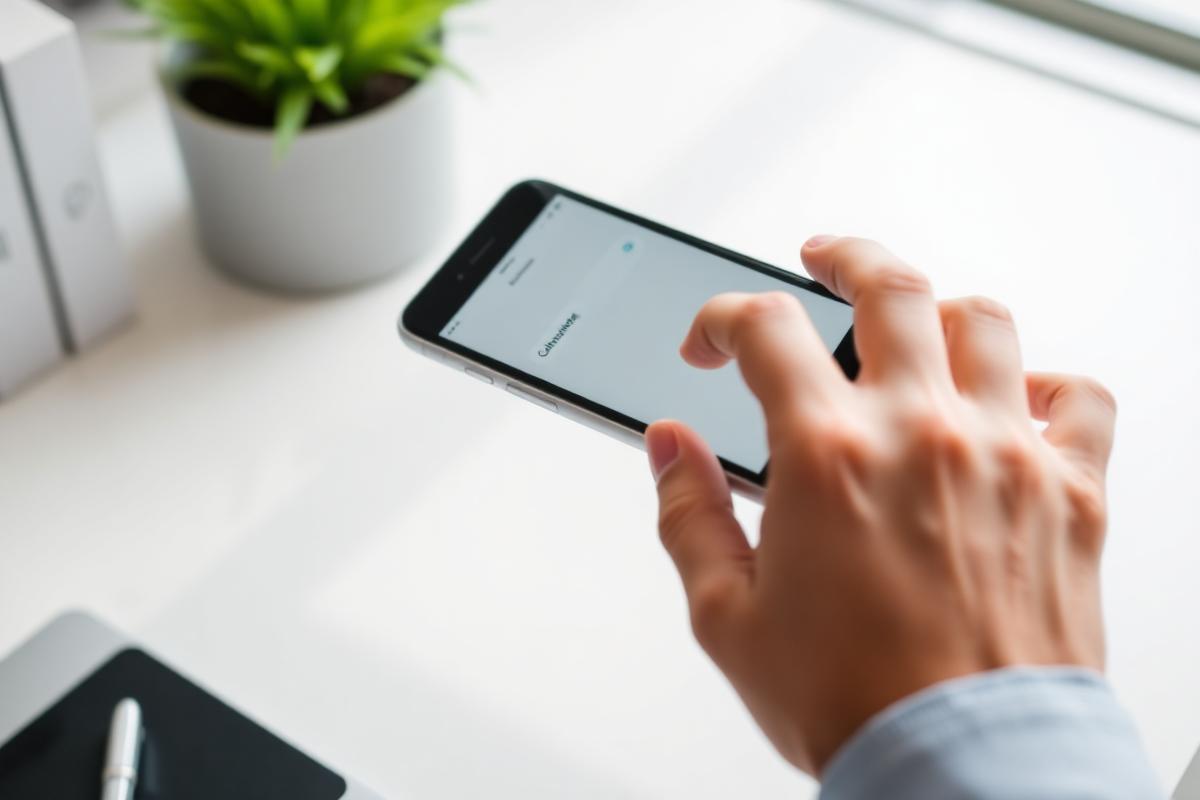 Hands holding a smartphone showing a text message conversation