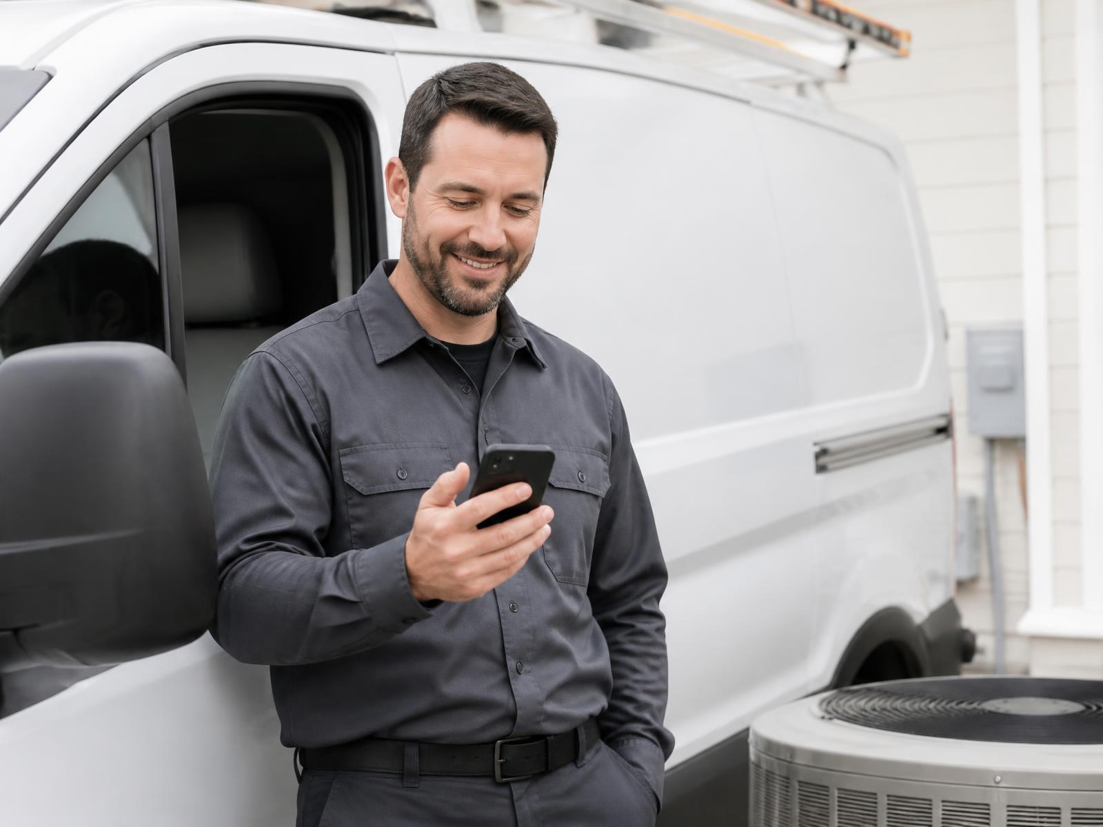 Field service technician checking his schedule on a phone beside a service van