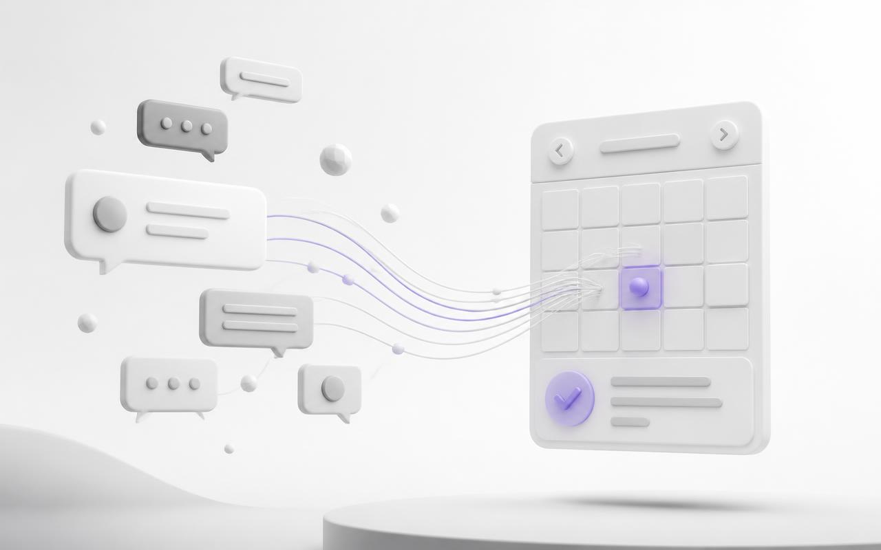 Abstract 3D render of chat bubbles and a booking calendar connected by flowing lines