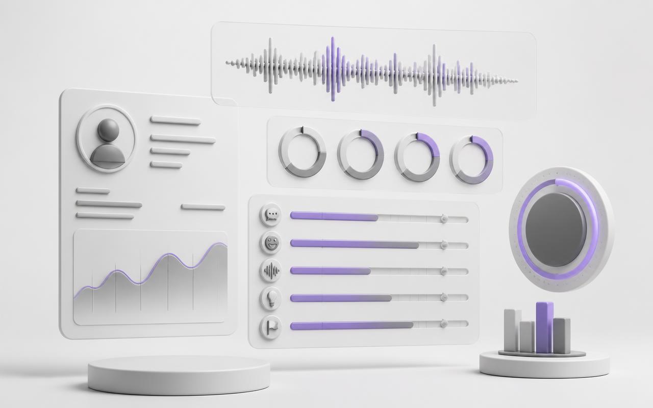 Abstract 3D render of a sales call scorecard dashboard with waveform and rating panels