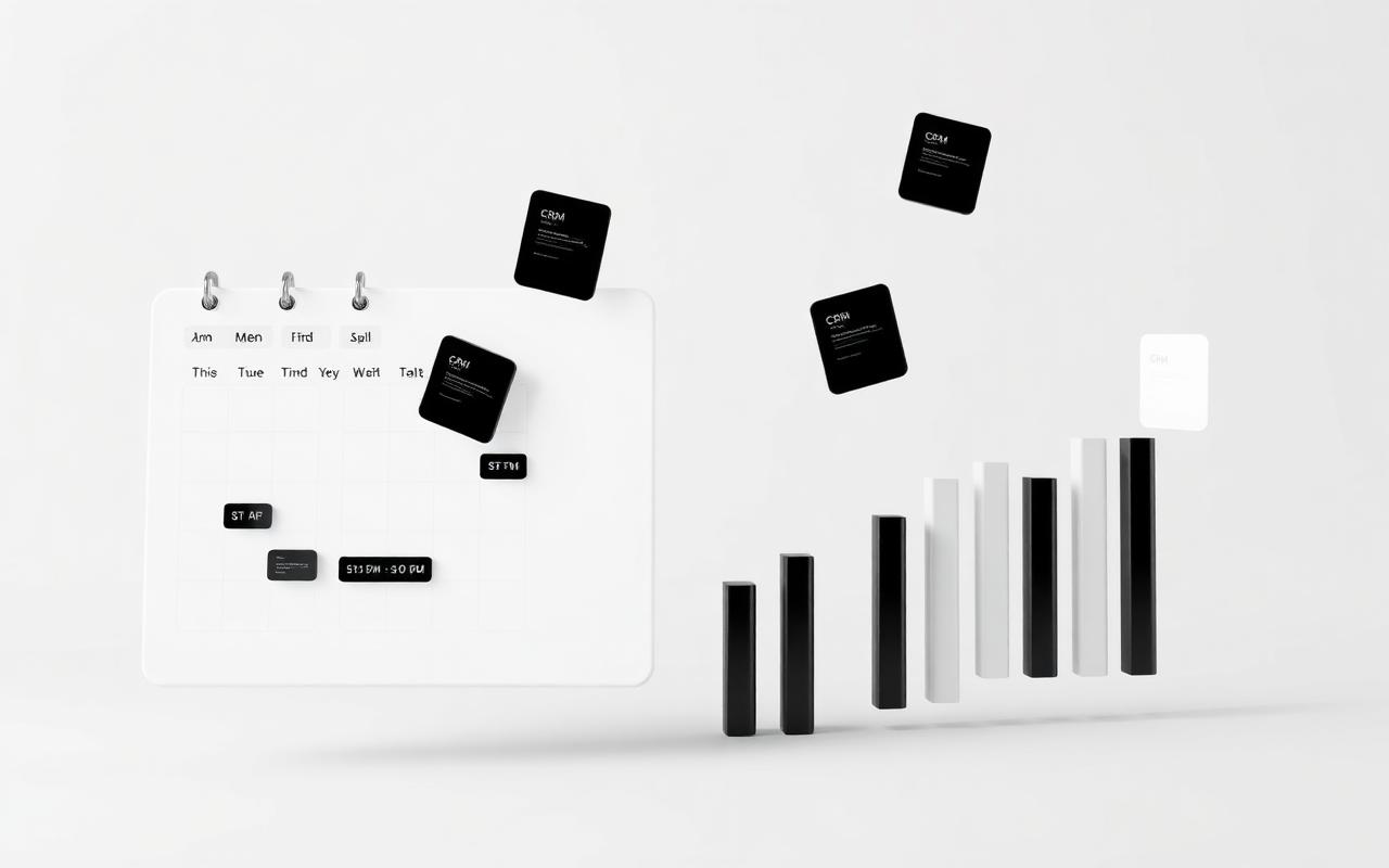 Calendar and CRM pipeline cards in black and white