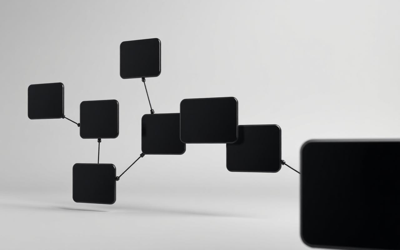 Black connected workflow nodes representing an AI automation
