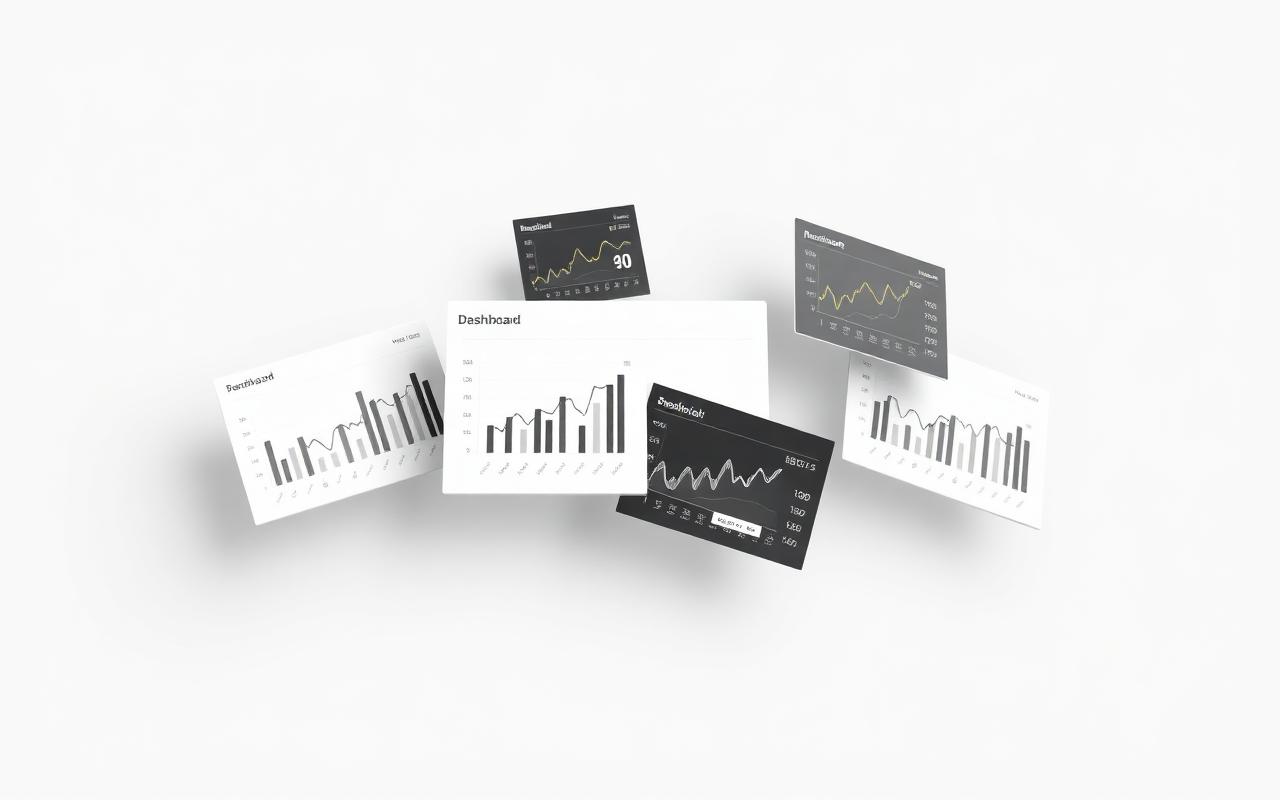 Monochrome analytics dashboard cards with charts